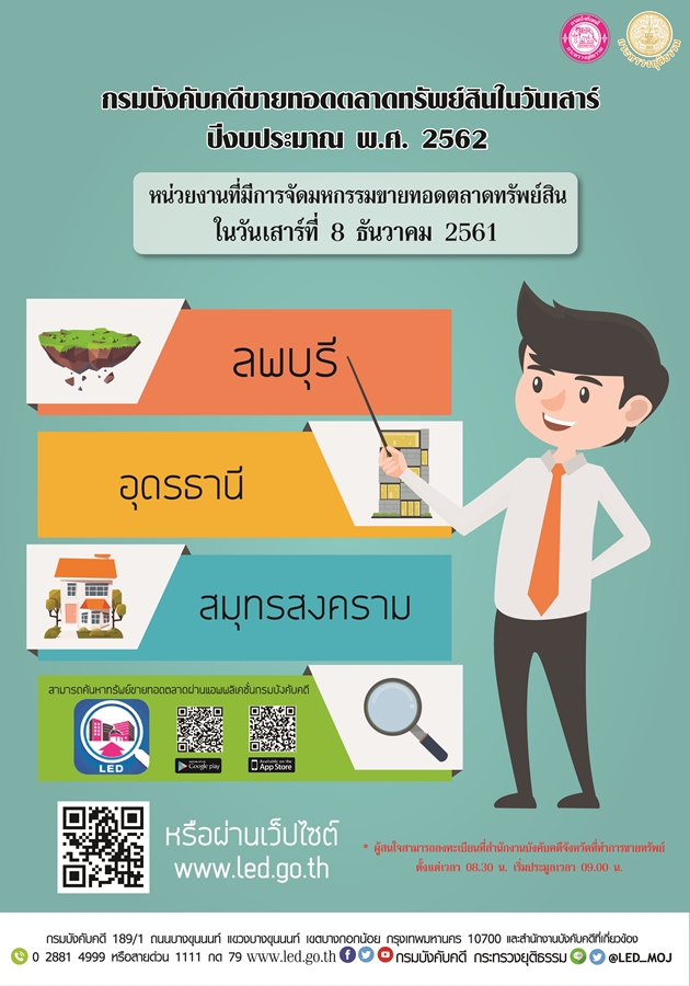 ﻿กรมบังคับคดีจัดการขายทอดตลาดทรัพย์สินทุกวันเสาร์ สำหรับเดือนธันวาคม 2561 